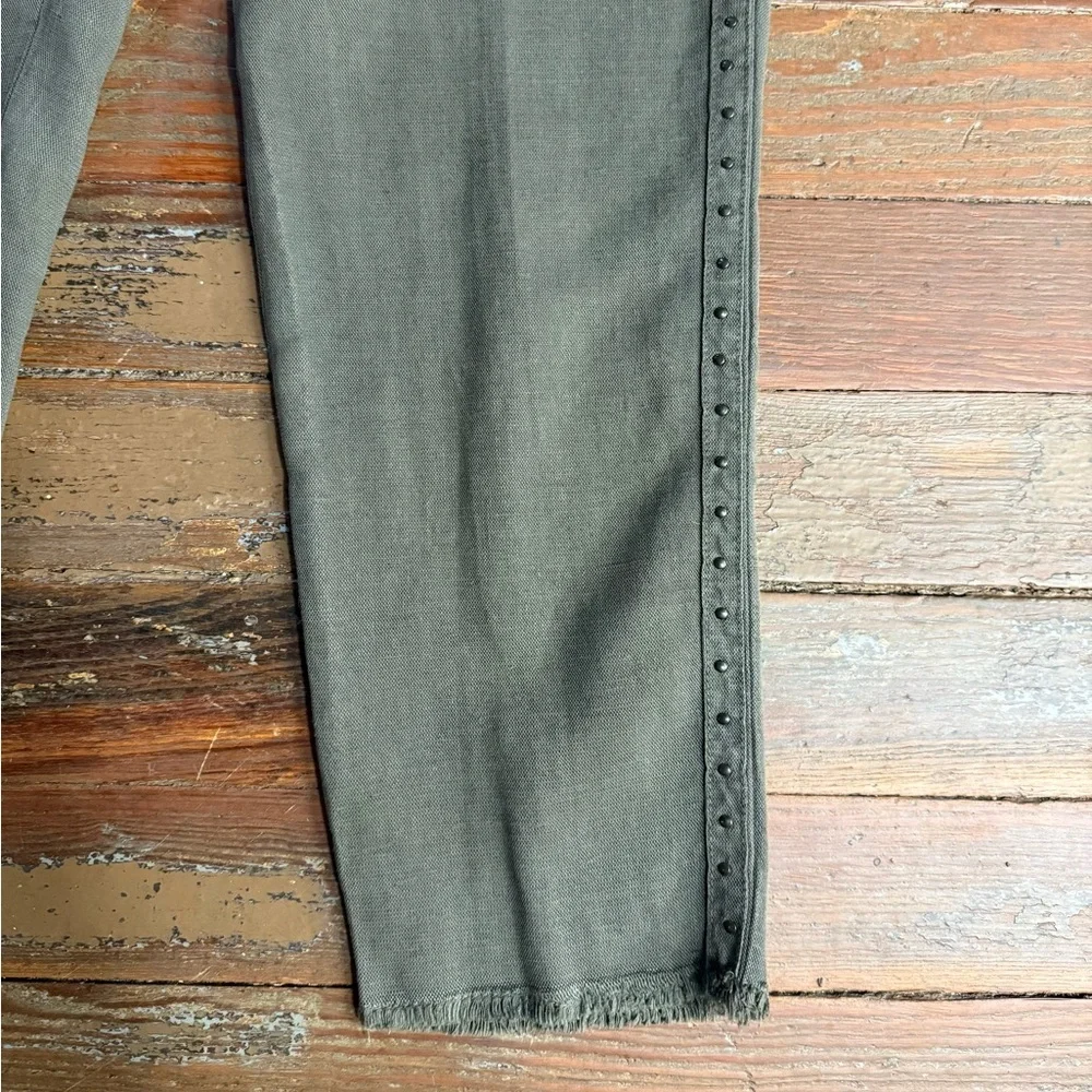 Joie Linen Blend Raw Hem Studded Straight Leg Army Green Pants ~ Sz 0 💚🍄